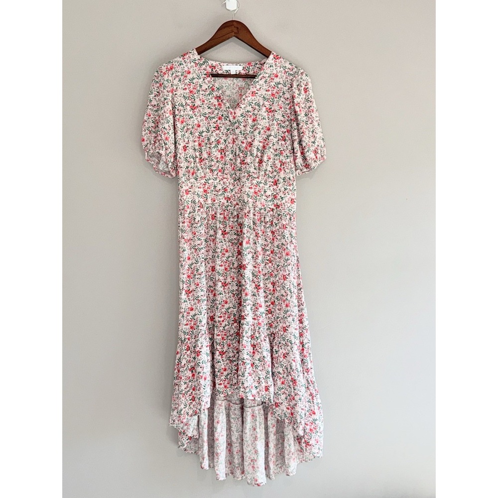 Draper James Floral V Neck Puff Sleeve Hi Lo Midi Dress Cottage Feminine Medium